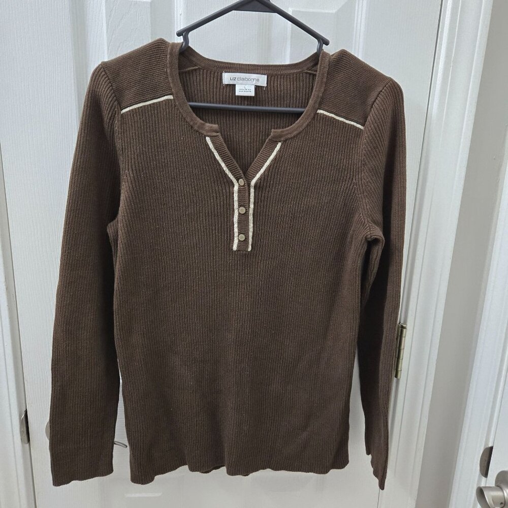 Vintage Liz Claiborne Ribbed Henley Sweater Women Large Brown Silver y2k classic
